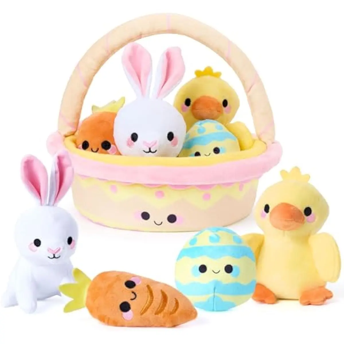 5 Pcs Easter Basket Plush Playset, Filled Basket with Bunny Chick Egg Carrot, Easter Toys Gifts Prefilled with Animal Stuffers for Baby Toddler Kids Boys & Girls of All Ages