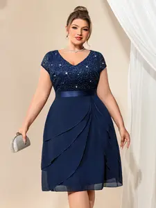 【Plus Size】Missmay YP23215 Women's Plus Size Elegant V Neck Sequin Lace Ruffle Tiered Chiffon Cocktail Party Dress Womenswear Womenswear