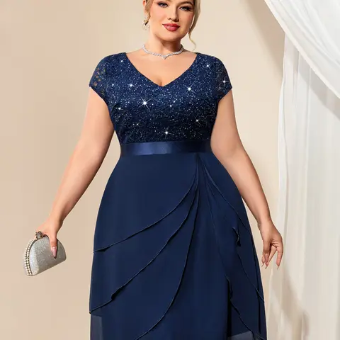 【Plus Size】missmay P23215 Plus Size Women's Elegant V-Neck Sparkly Sequin Lace Ruffle Tiered Chiffon Cocktail Party Dress, Floral Garment with Zipper & Cap