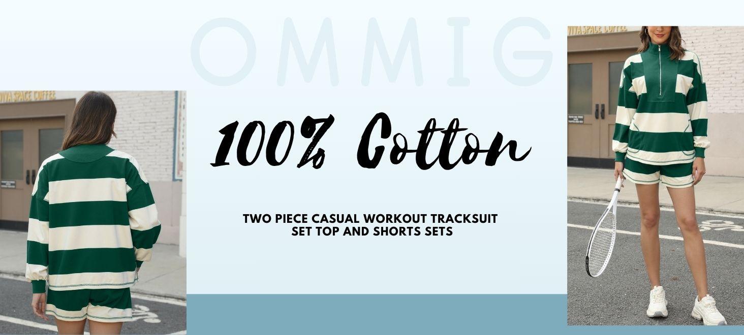 Ommig Women's Lounge Set 2 Piece Striped Long Sleeve Half Zip T-Shirt & Shorts for Summer Autumn Casual Workout Tracksuit in Breathable 100% Cotton