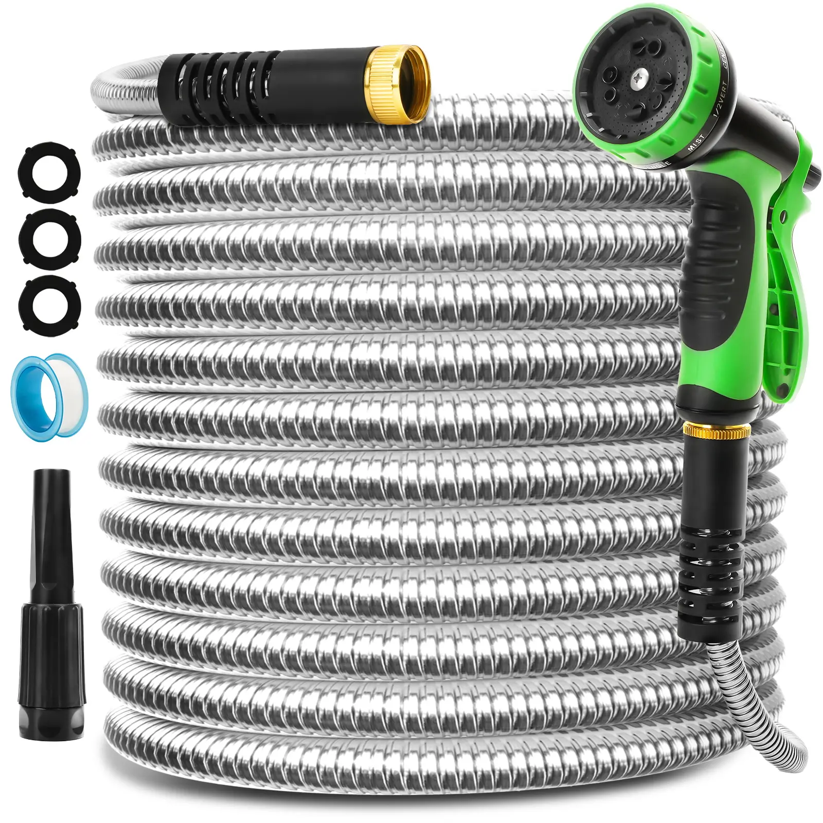 Stainless Steel Garden Water Hose (50/100 ft) - Flexible, Durable, Kink-Free, Puncture-Resistant Metal Hose with 3 Fitting Sprinklers, 10 Nozzles for Patio, Outdoor Watering, Three Connectors, A Nozzle