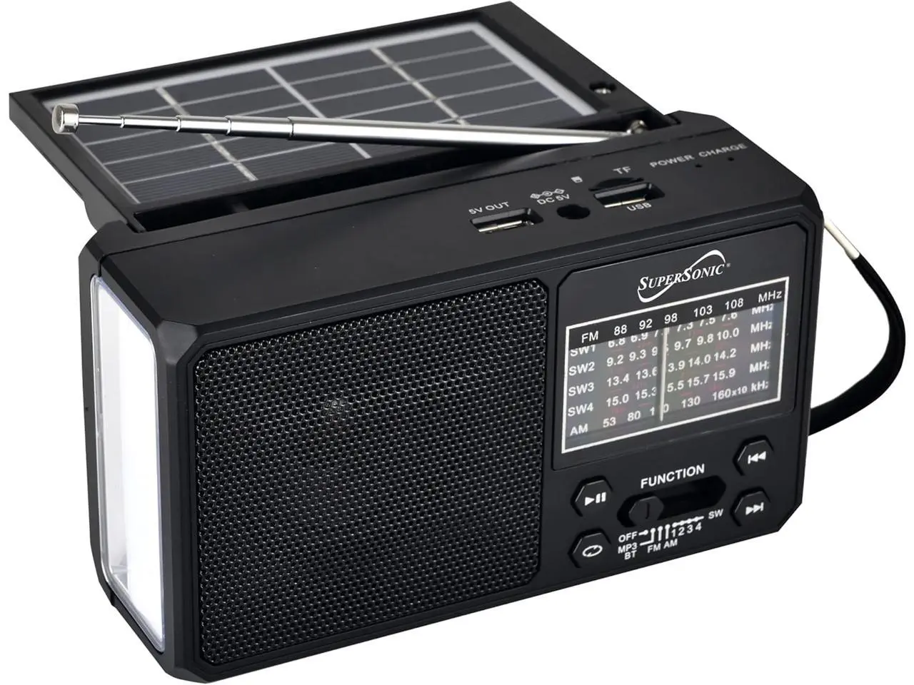 Supersonic SC-1180BT SolarWave Solar Emergency Radio w/Bluetooth 6.0, AM/FM/SW1-4, Solar+USB-C Rechargeable Battery, LED Flashlight, Micro SD/USB, 360° Antenna, Portable Speaker (Black)