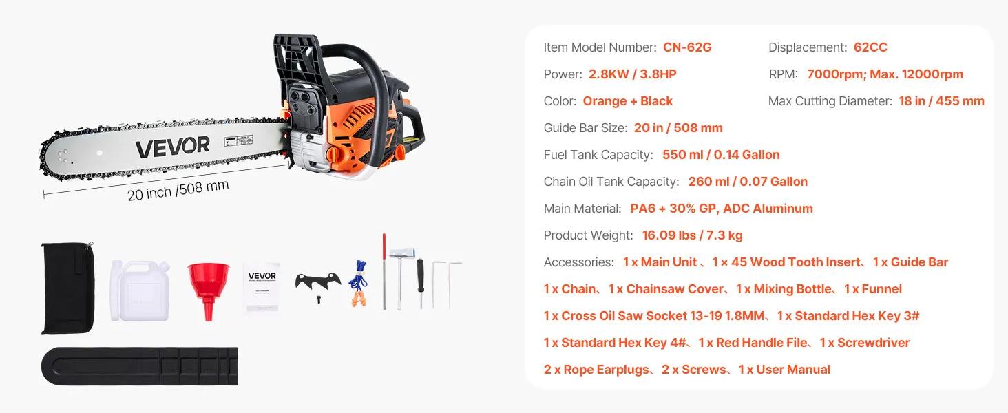 VEVOR 62 cc Gas Chainsaw 20 inch 3.8 HP Power Chain Saw with Non-Slip Handle Dual Fuel Tanks for Wood Cutting Tree Trimming Land Clearing VEVOR 62 cc Gas Chainsaw 20 inch 3.8 HP Power Chain Saw with Non-Slip Handle Dual Fuel Tanks for Wood Cutting Tree Trimming Land Clearing