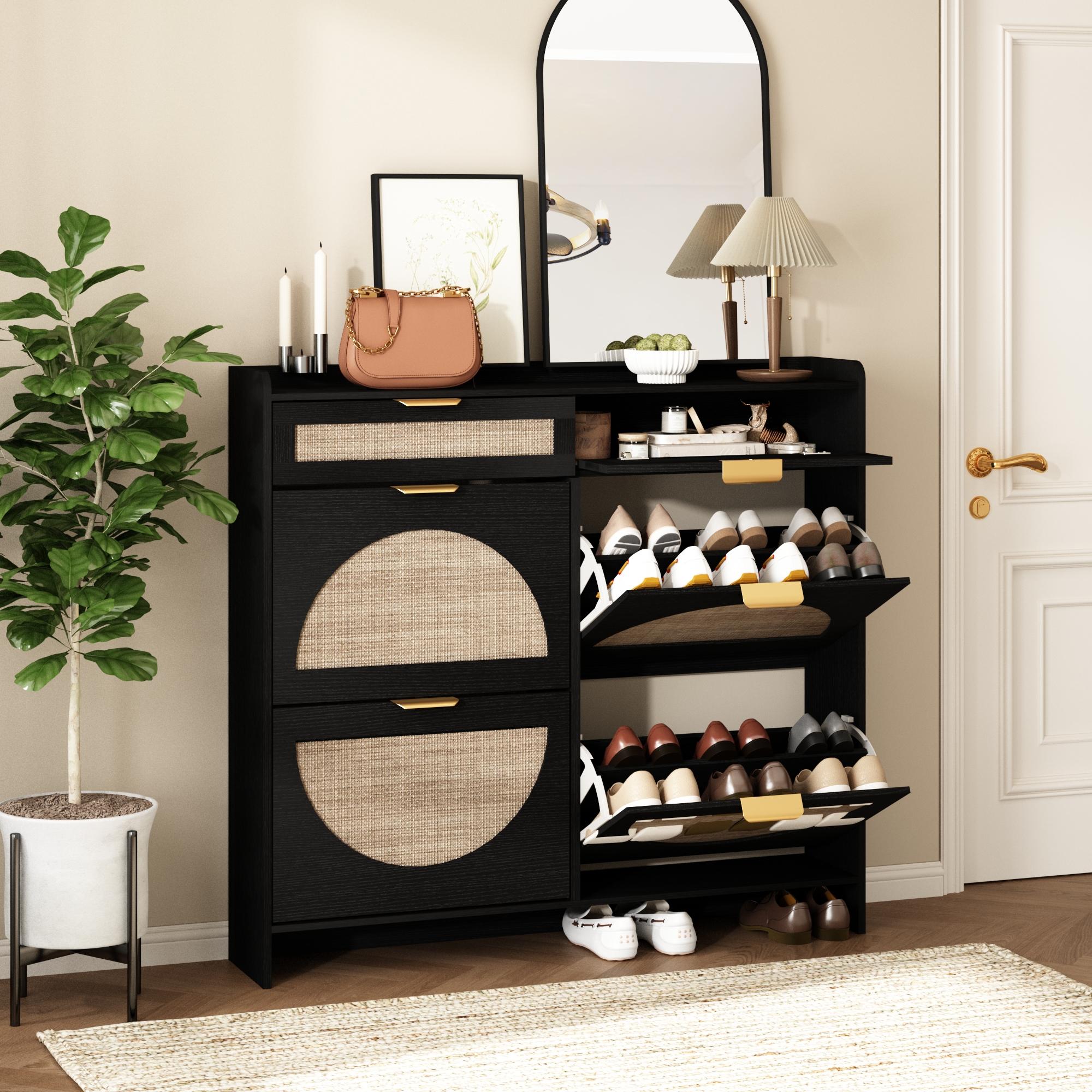 PieDle Furniture Oversized Rattan Shoe Storage Cabinet with 4 Flip Drawers & 2 Drawers – Hidden Slim Shoe Organizer for Entryway, Large Tabletop Space, Farmhouse Boho Narrow Shoe Rack PieDle Furniture Oversized Rattan Shoe Storage Cabinet with 4 Flip Drawers & 2 Drawers – Hidden Slim Shoe Organizer for Entryway, Large Tabletop Space, Farmhouse Boho Narrow Shoe Rack
