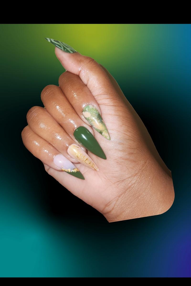 Affirm Me (BossLady) PRESS-ON 25pc Set Stilletto Shape , Hunter  Green, Gold flakes, 3D Art Nail Care Nail Polish Cosmetic Manicure Nail Art Cutics