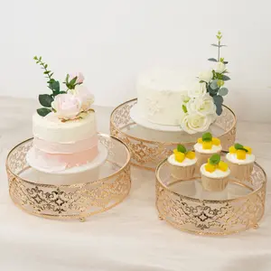 Set of 3 Metal Cake Stands 10", 12", 14" Baroque Ornate Design with Glass Top Gold - Stackable Dessert Display Trays