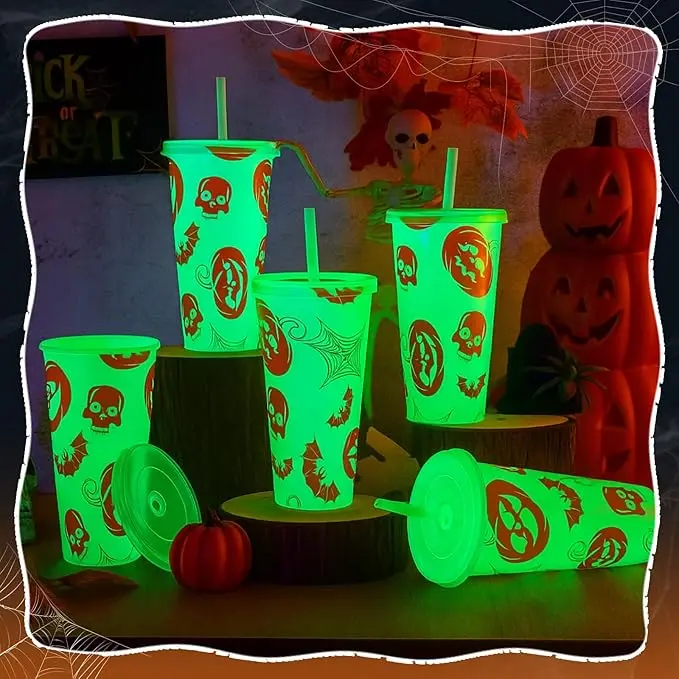 Cozy Fall Halloween Gift 12 Pcs 24 oz Glow in The Dark Cups Halloween Tumbler with Lid and Straw Plastic Reusable Glowing Tumblers Bulk for Coffee Tea Cold Drinks Party Favors Supplies