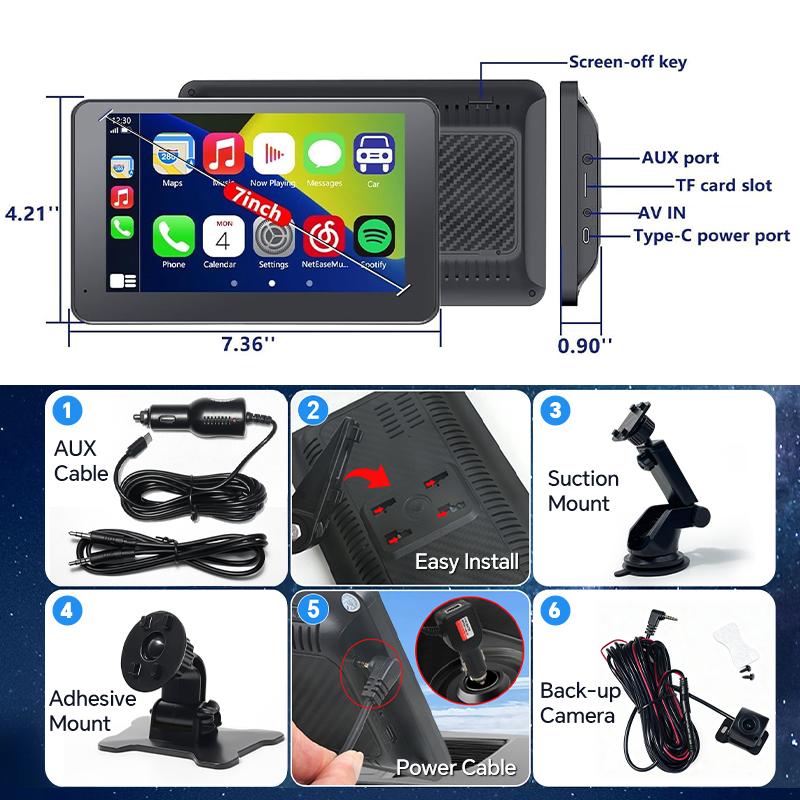 【HiEHA】2026 Wireless Portable Carplay and Android Auto 7" Touchscreen Bluetooth 5.2 Carplay Screen with Mirror Link AUX FM for All Vehicles