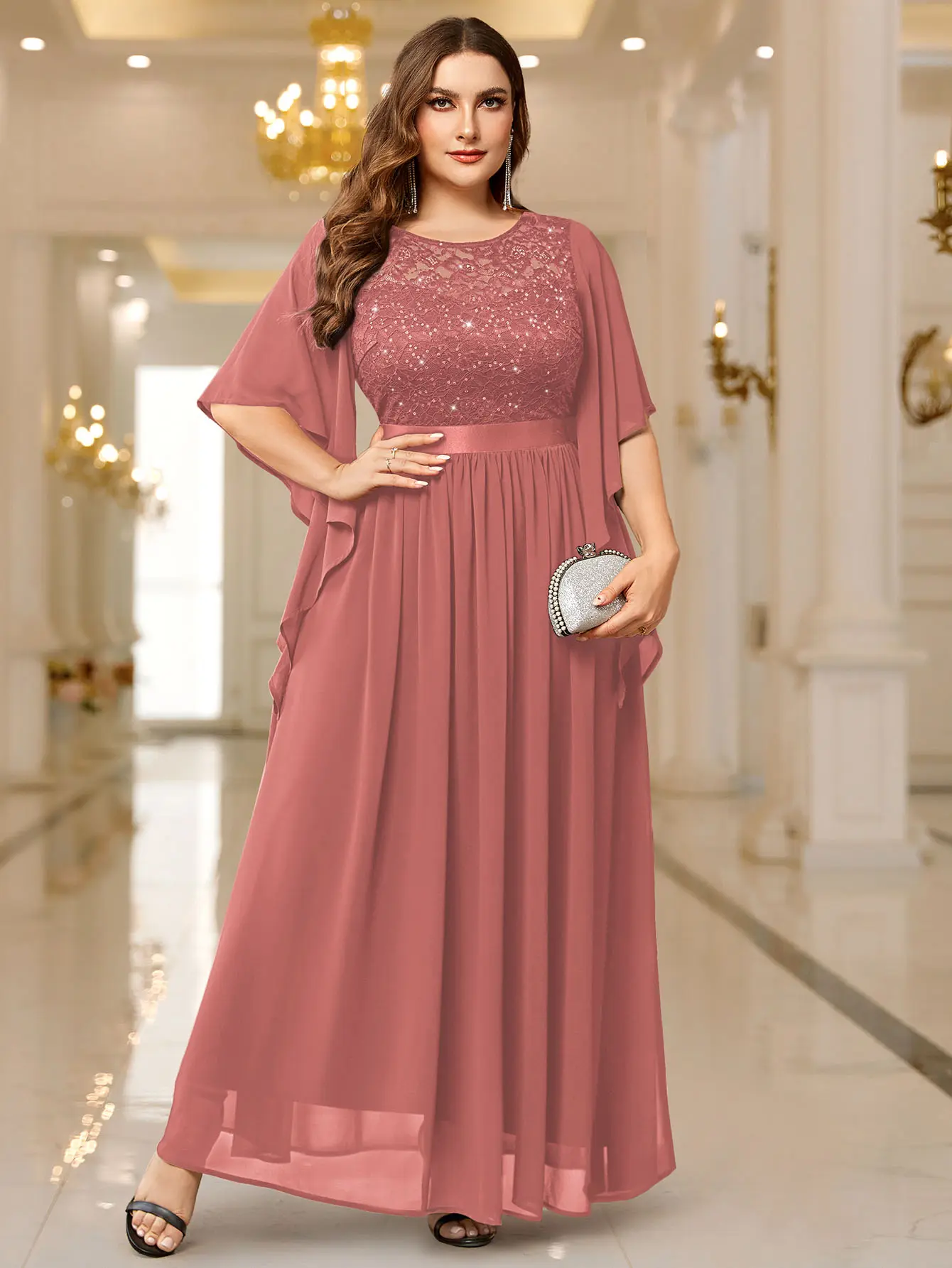 【Plus Size】Miusol P83099 Women's Elegant Sparkly Sequin Floral Lace Chiffon Flared Sleeve Formal Maxi Dress - Zipper Closure, Premium Fabric, All-Season Evening Gown for Parties, Festival Gatherings