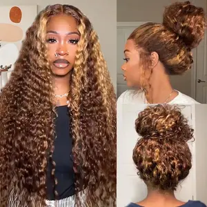 Ombre Honey Blonde 360 Lace Front Wigs Human Hair Strap Highlight Deep Wave Lace Front Wigs Human Hair 180 Density 360 HD Frontal Glueless Wigs Pre Plucked for Women 28 Inch