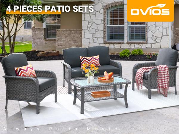 【2 Packages Shipping】Ovios 4 Pieces Patio Furniture Set, Outdoor Wicker Sofa with Coffee Table, Chairs, All Weather High Back Rattan Loveseat Couch with Comfy Cushions
