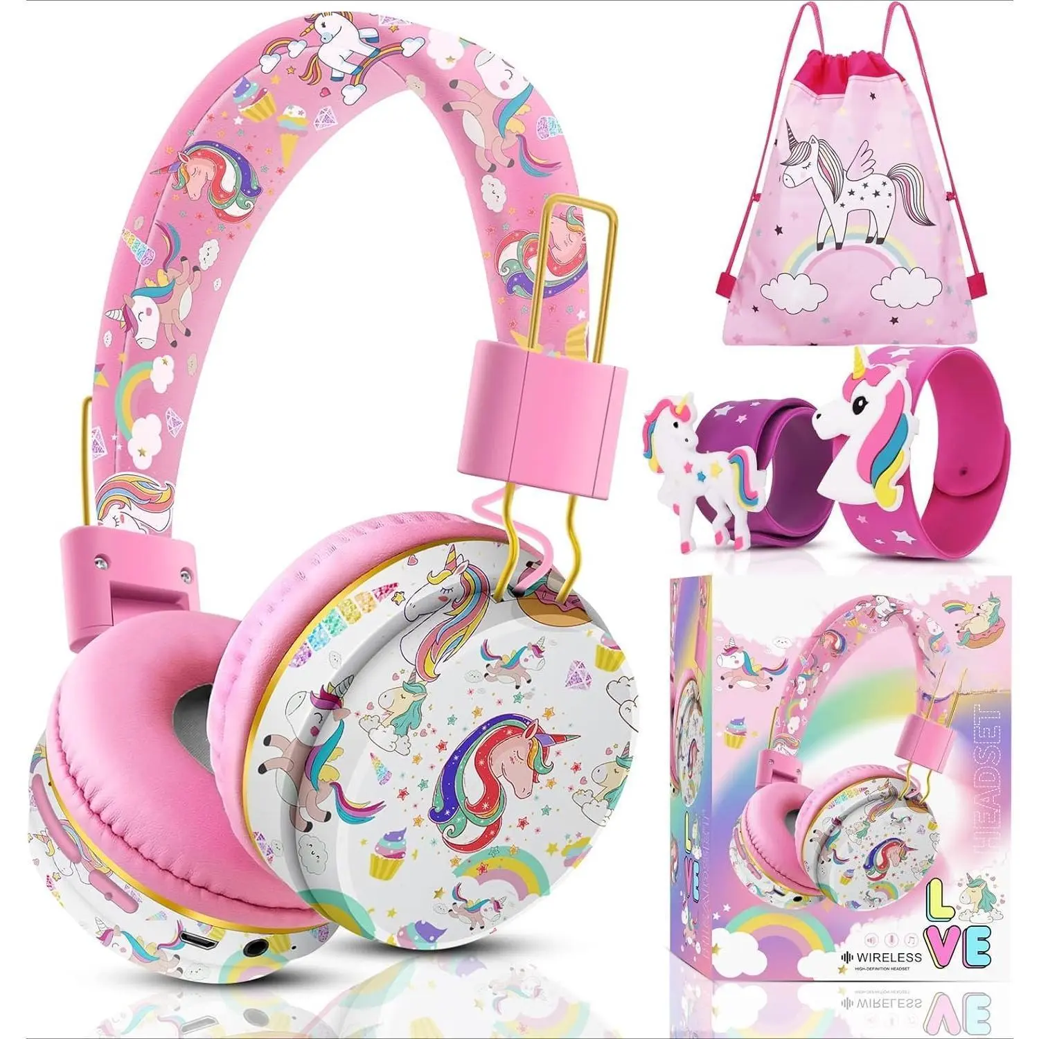 X-HPS03   Unicorn Bluetooth Headphones for Girls - with Microphone & 3.5mm Jack, Adjustable Headband for Kids Teens Toddlers, School iPad Tablet PC Smartphones Compatible (Pink) Adapter Audio