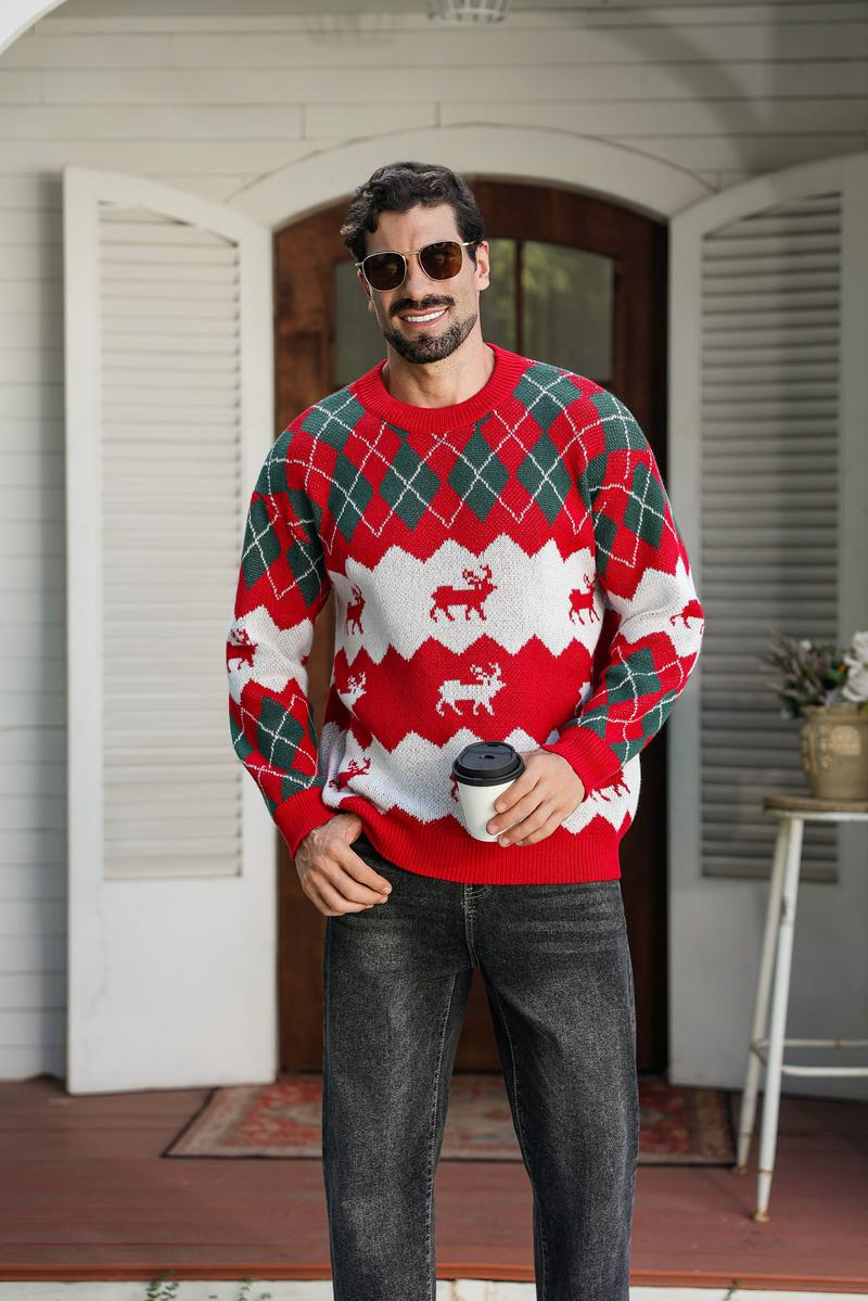HYPESTFIT Unisex Christmas Elk Pattern Knit Sweater Fitted Crewneck Long Sleeve Pullover for Couples Festive Winter Outfit Cozy Knitwear Medium