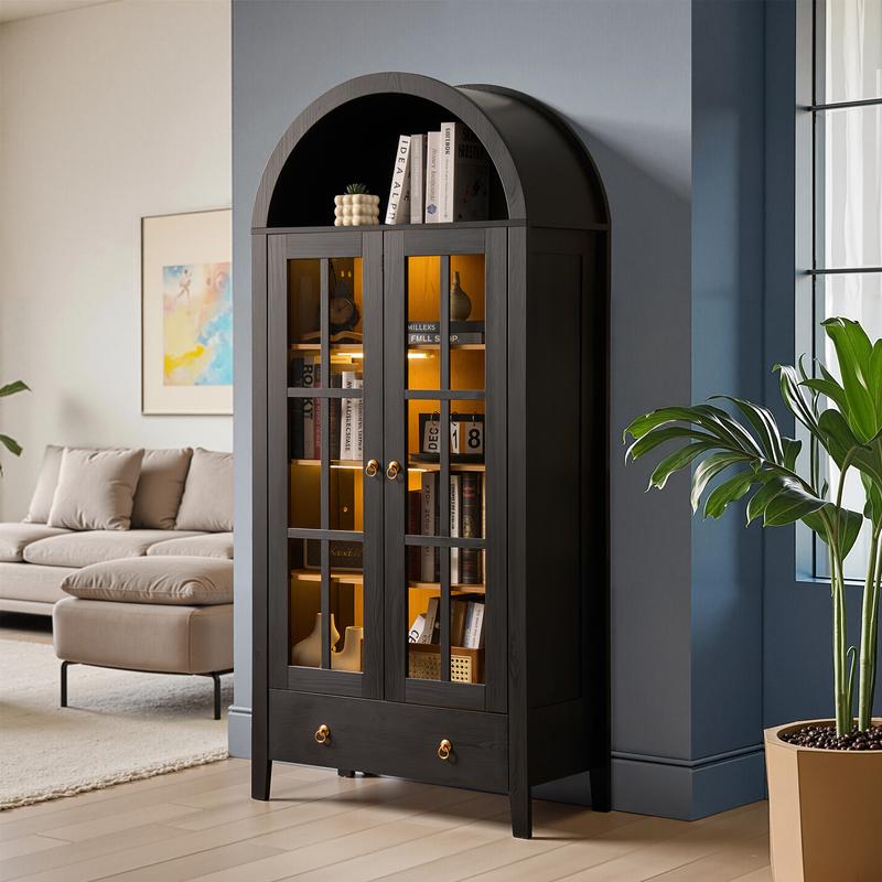 【Jumpstart Sale】Ovios 71" Tall Arched Kitchen Pantry with Glass Door & Magnetic LED Lights, Modern Farmhouse Deep-Drawer Livingroom Storage Cabinet, Eco Wood Panel, Cupboard for Kitchen/Dining/Bathroom/Toy 【Jumpstart Sale】Ovios 71" Tall Arched Kitchen Pantry with Glass Door & Magnetic LED Lights, Modern Farmhouse Deep-Drawer Livingroom Storage Cabinet, Eco Wood Panel, Cupboard for Kitchen/Dining/Bathroom/Toy