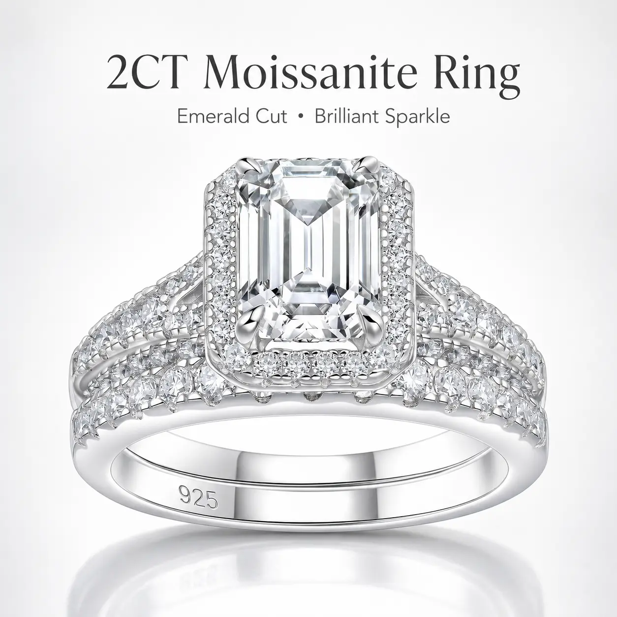 S925 Sterling Silver 2CT Emerald Cut Halo Moissanite Ring Set, D Color VVS1, Hypoallergenic Bridal Engagement Wedding Ring Set for Women queen ring