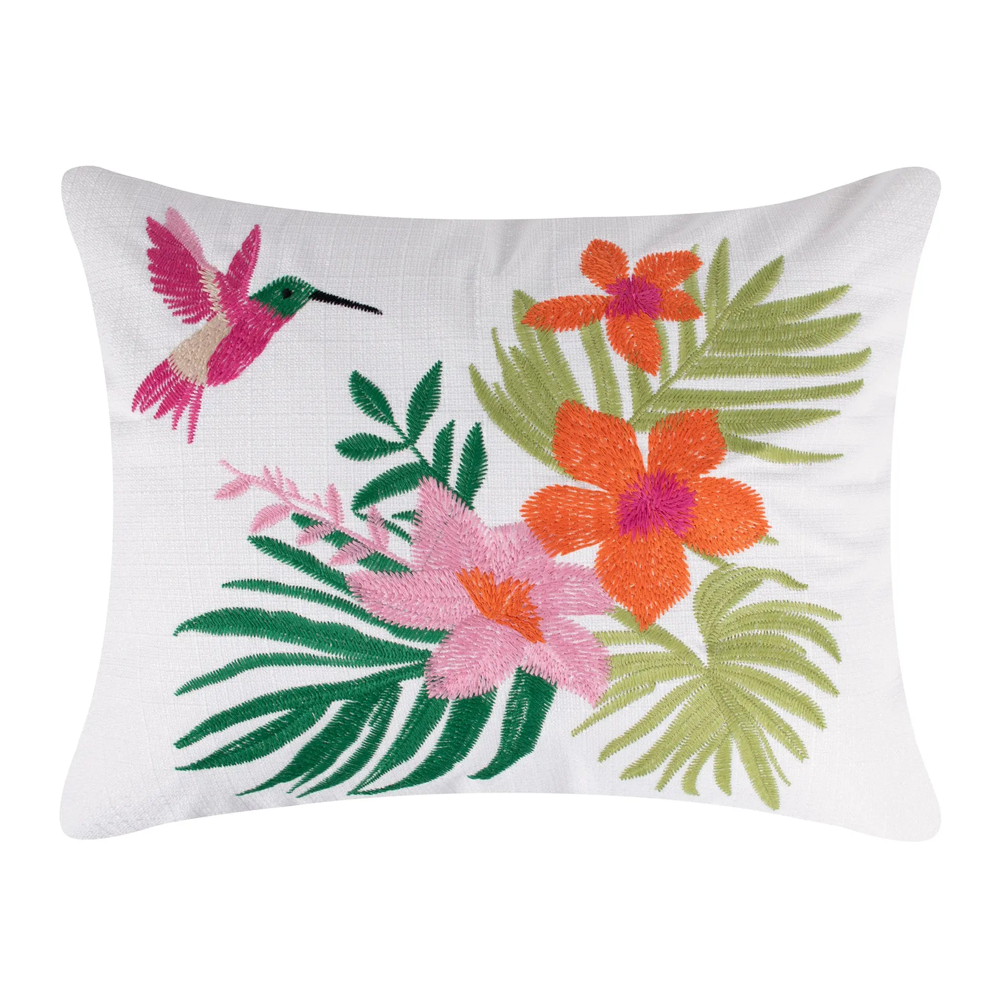 Hummingbird Grove Crewel Stitch Pillow - Embroidered Birds & Flowers, 14x18in Feather-Filled Bedding Accessory for Soft Furnishings Textiles, Birds & Blooms