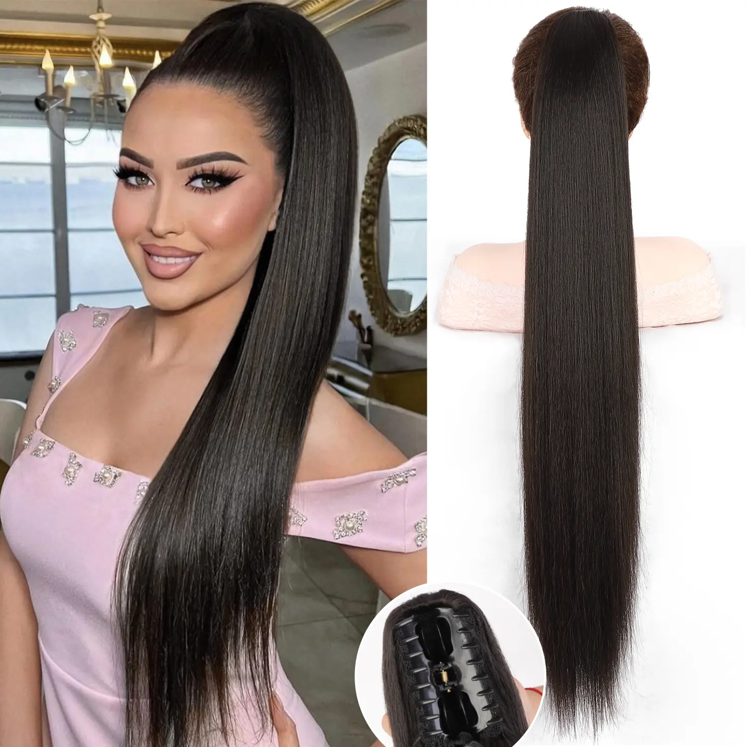 30Inch Claw Ponytail Extensions Long Straight Ponytails Natural Soft Clip in Synthetic Hair Piece Clip in Ponytail Hairpieces for Women Daily Party Use, Natural Black