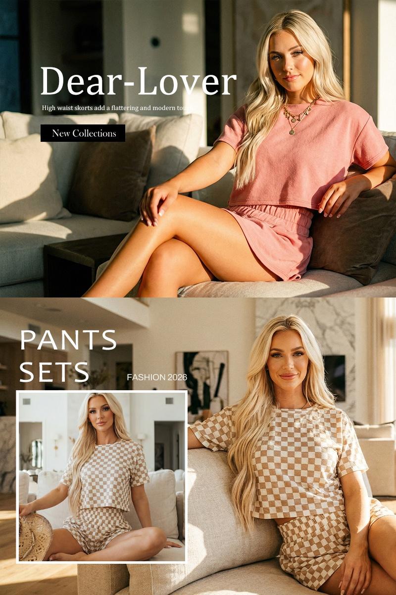 Women's Checkerboard T-Shirt & Ruffle High Waist Skort Set 2026 Summer Casual Breathable Fabric Two-Piece Outfit for Daily Wear Chic Crewneck