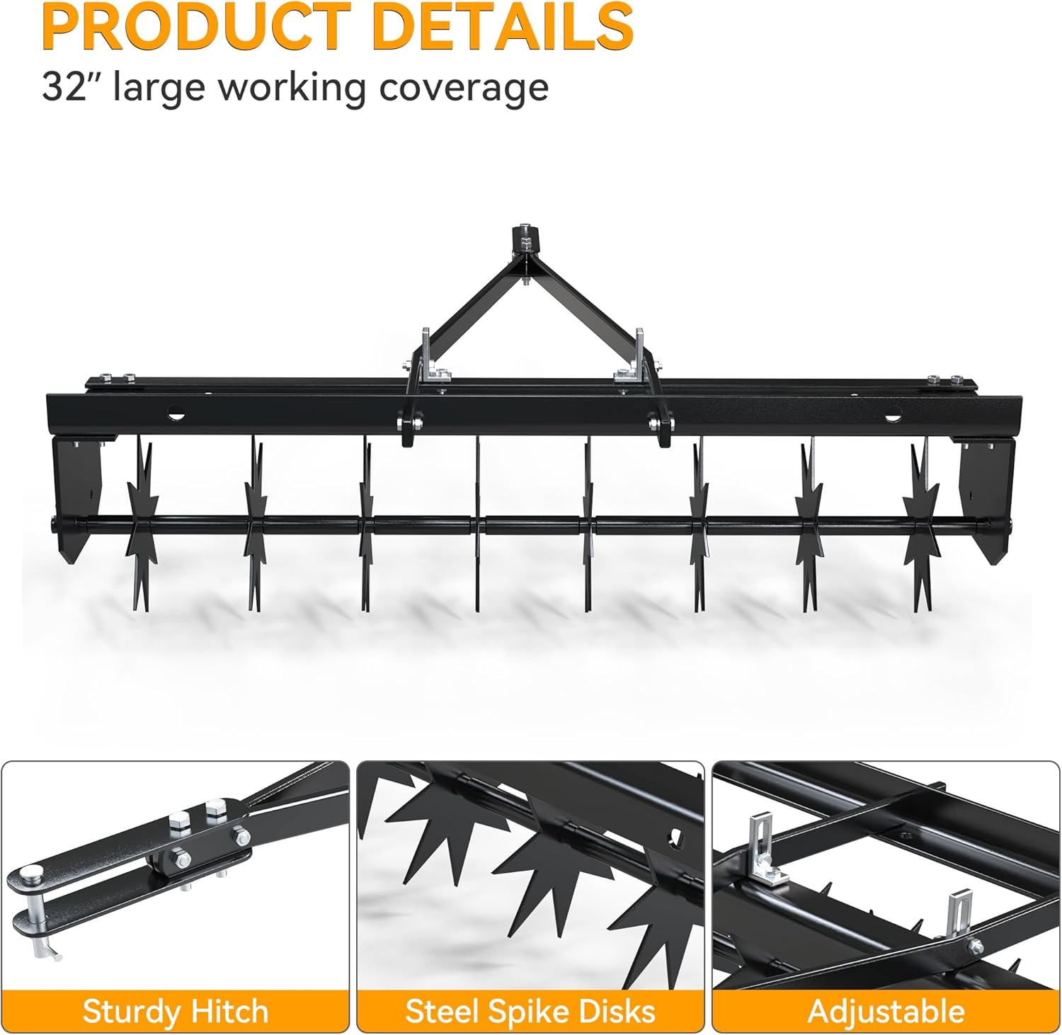 OEDRO 32" Lawn Aerator Tow Behind with Universal Hitch for Spike Aerator Black Efficient Lawn Care Solution