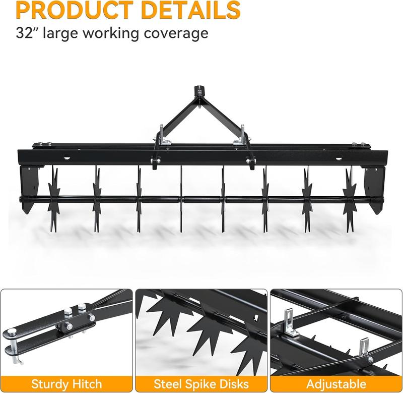 OEDRO 32" Lawn Aerator Tow Behind with Universal Hitch for Spike Aerator Black Efficient Lawn Care Solution