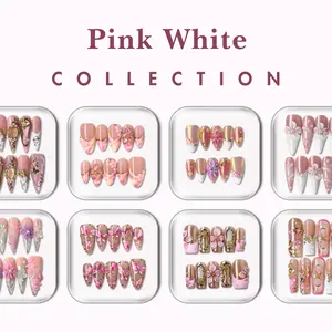 NailPhoria PINK WHITE Collection - Handmade Press-On Nails | Reusable, Salon-Quality, Long-Lasting, Glossy Design