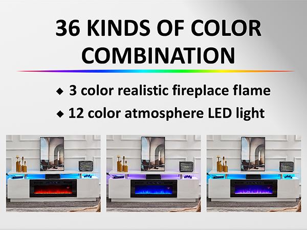 [Ships in 2 Boxes] VanAcc Fireplace TV Stand with Electric Fireplace, Modern High Gloss Entertainment Center with LED Lights, 2 Tier Console Cabinet for Living Room, Bedroom, Office, Remote Control, Multi-color available