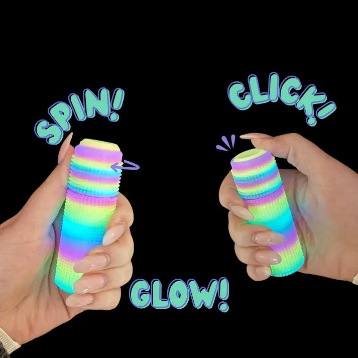 Little Ouchies Spikie Spin Click Rainbow Glow Sensory Fidget Keychain Stim Tool - Easy to Carry, Moderate Texture, Spin & Click Functionality