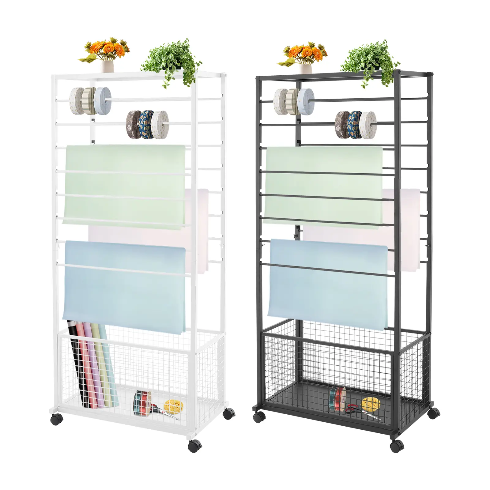 16-Tier Double-Sided Metal Rolling Storage Rack - Heavy-Duty 50kg Capacity Portable Craft Cart Organizer with Lockable Casters, Closet Storage Solution for Crafting, Fabric Stores, Flower Shops, Includes Assembly Guide