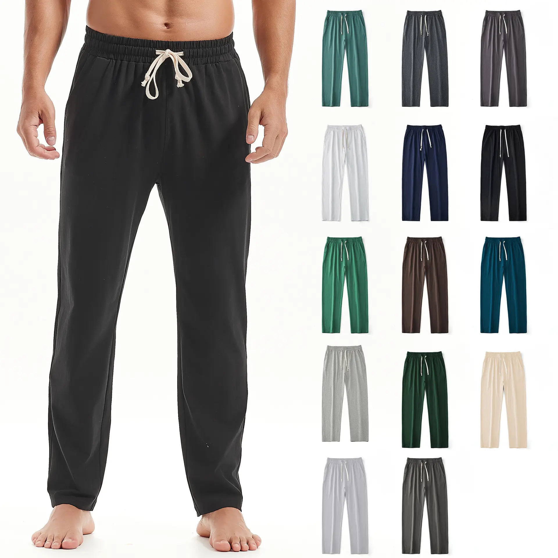 Mens Cotton Yoga Pants Running Workout Lightweight Sweatpants Open Bottom Lounge Pants with Pockets