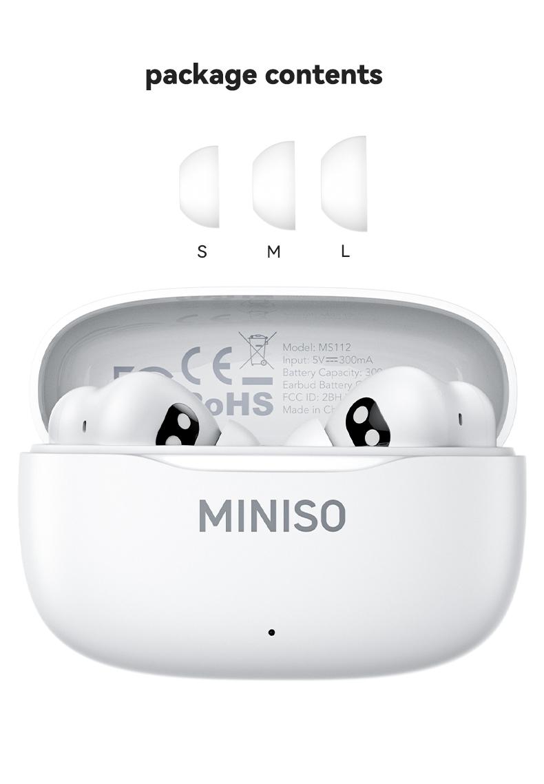 MINISO MS112 Wireless Earphones: Active noise cancellation, real-time translation, heart rate sensing, hearing aid function, Bluetooth connectivity, spatial audio, high-fidelity sound quality, USB-C charging.