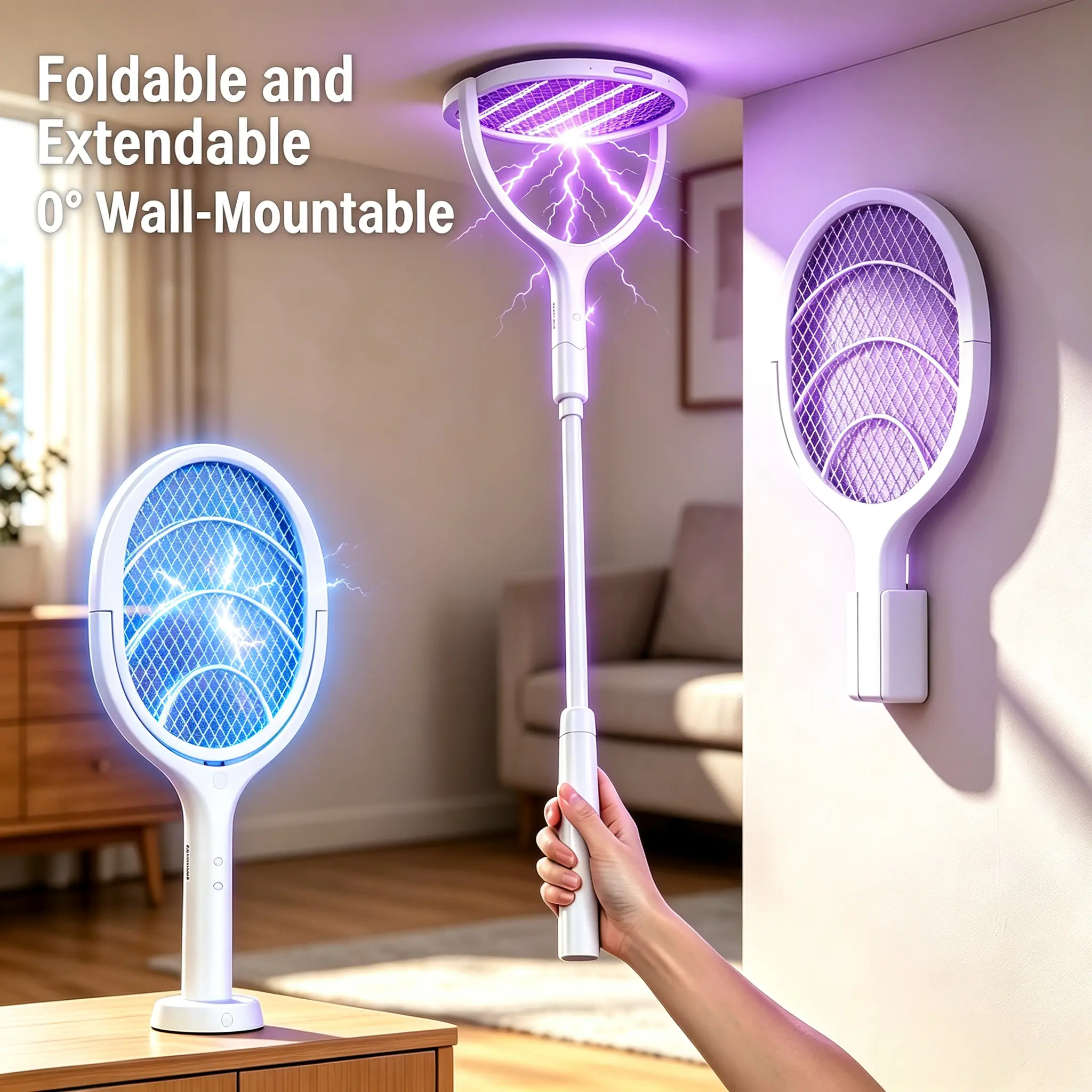 2026 Upgraded 6-in-1 Rotating Portable Multi-Function Electric Mosquito Swatter, USB Charger Rechargeable, Telescopic Extension Pole, 90° Rotating Grid for Wall Mounting, 3-Layer Safety Net, UV Attraction