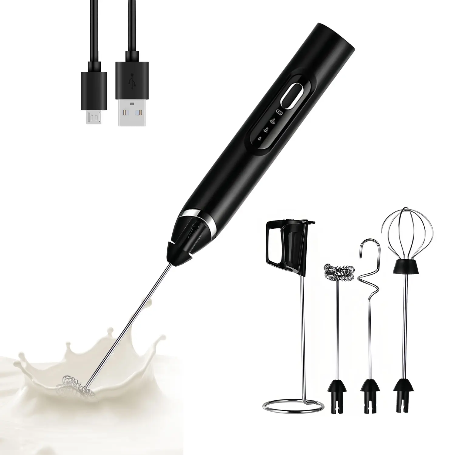 2026 Upgraded Rechargeable Milk Frother – Handheld Electric Coffee Mixer with 3 Whisks, 3 Speed Settings & Storage Stand | Versatile Drink Mixer for Juices, Prebiotic Powders, Lattes, Cappuccinos,coffee mixer, Matcha & Eggs (Black)– Christmas gift