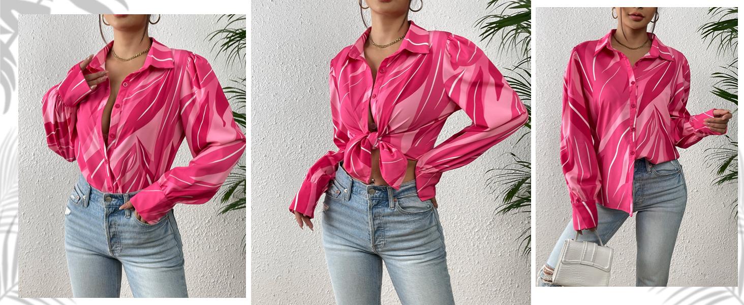 Women's Button Down Printed Lantern Long Sleeve Blouse Chic Collared Fitted Casual Tops Soft Fabric Feminine Patterned Blouse for Work Office Vacation Thin Spring