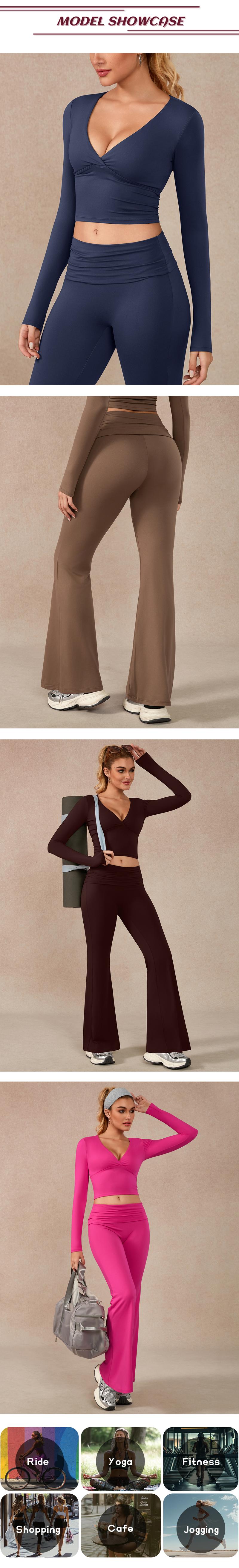 TIMEOFF Women's 2-Piece Long Sleeve Plunging V-Neck Set with Flipped Waist High-Waist Flared Leggings for Gym & Street Yoga Workout Activewear