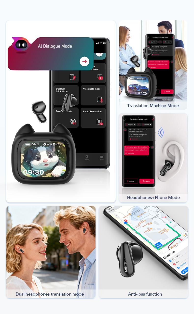 MINISO MS102 Bluetooth 6.0 earphones, LED display, IPX5 waterproof wireless earphones, in-ear style, suitable for business and travel.
