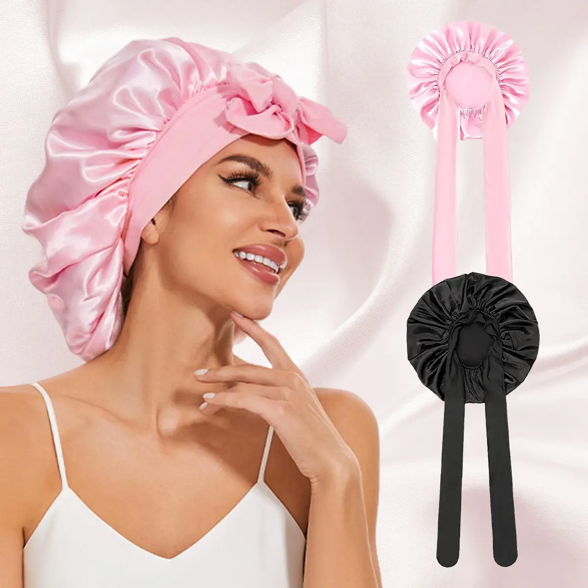 2 Pack Large Satin Sleeping Bonnets with Adjustable Elastic Band for Hair Protection, Reduces Frizz for Curls, Braids & Long Hair, Black & Pink, Sleeping Bonnet, Haircare, Hair Styling Cap