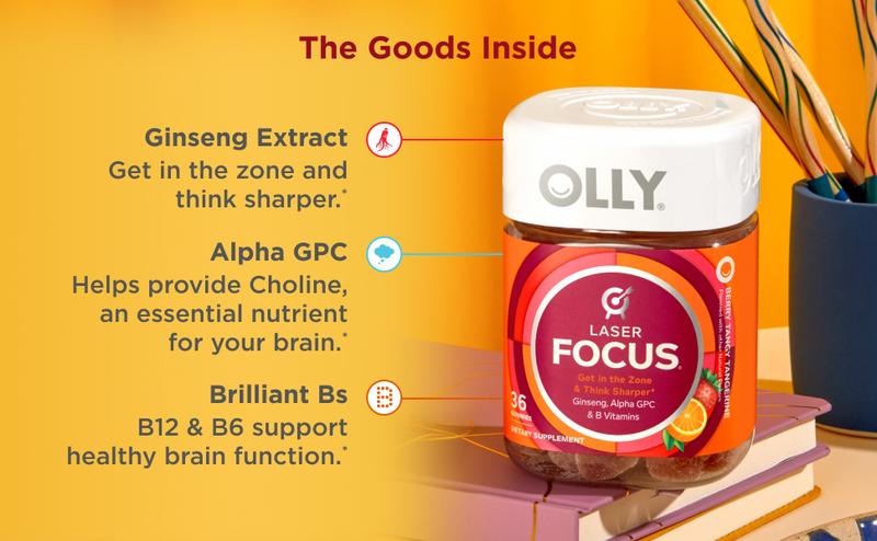 OLLY Laser Focus Gummy with Ginseng, Alpha GPC & B Vitamins - Dietary Supplement, Berry Tangerine Flavor, 36 Gummies, 18-Day Supply