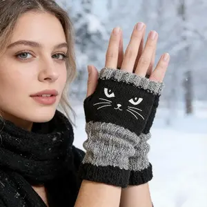 Fashion Women's Knitted Fingerless Gloves with Cute Cat Face Embroidery Elastic Warm Comfortable Winter Warmers Touchscreen Compatible Perfect Gift Accessory