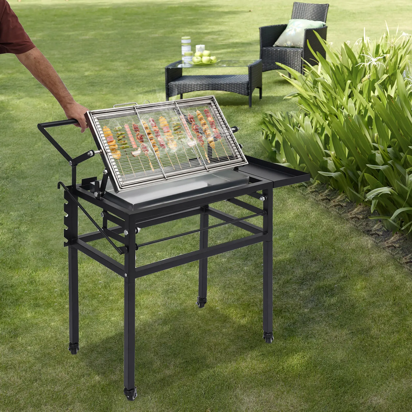 Modern Steel Alloy Charcoal Flip Grill Table with Metal Frame, 8-Person Capacity, for Outdoor BBQ, Camping