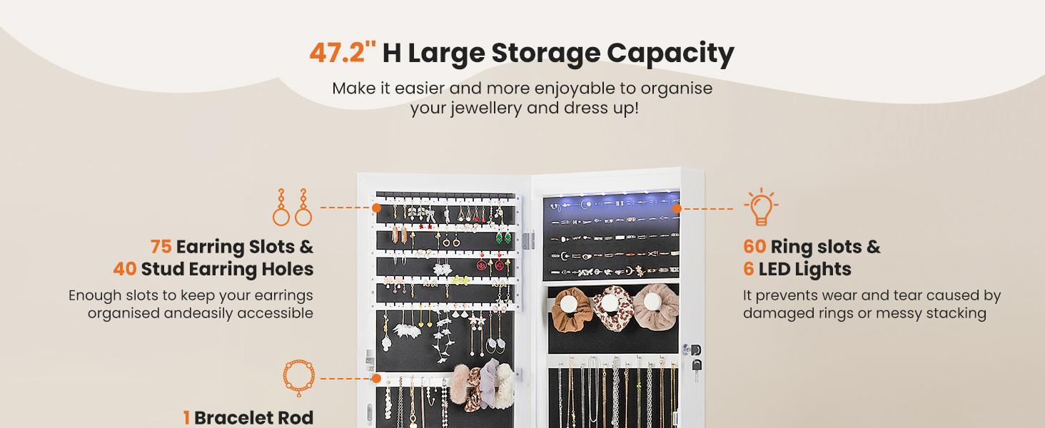 Full-Length Mirrored Jewelry Cabinet with Built-In Makeup Mirror, White Lockable Storage Cabinet with 2 Drawers