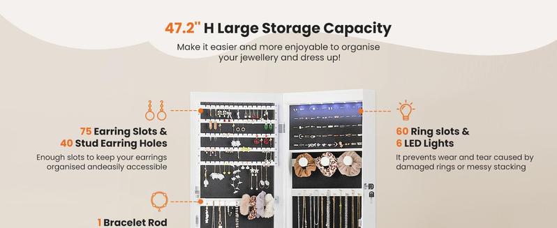 Full-Length Mirrored Jewelry Cabinet with Built-In Makeup Mirror, White Lockable Storage Cabinet with 2 Drawers