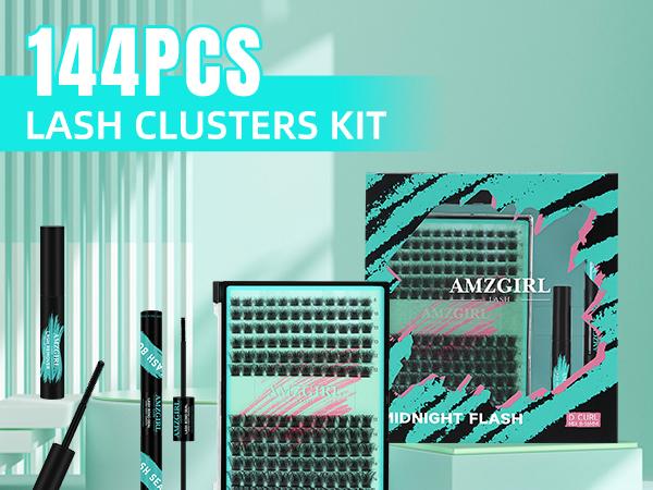 AMZGIRL LASH DIY Lash Extensions Kit 144pcs Midnight Waterproof Eyelashes Makeup Cosmetic Set with Bond Seal Remover Applicator