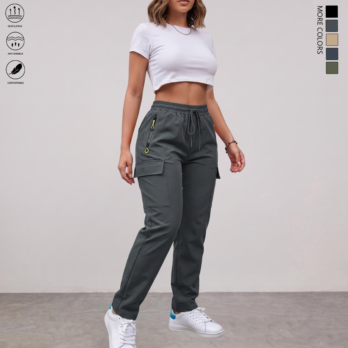 Women's Lightweight No-Stretch Straight-Leg Plain Look Casual Cargo Pants - Women's Clothes, Drawstring Waist, Multiple Pockets, Stylish Zippered Pocket, All-Season Workwear Utility Pants, Ideal for Outdoor Activities & Everyday Wear
