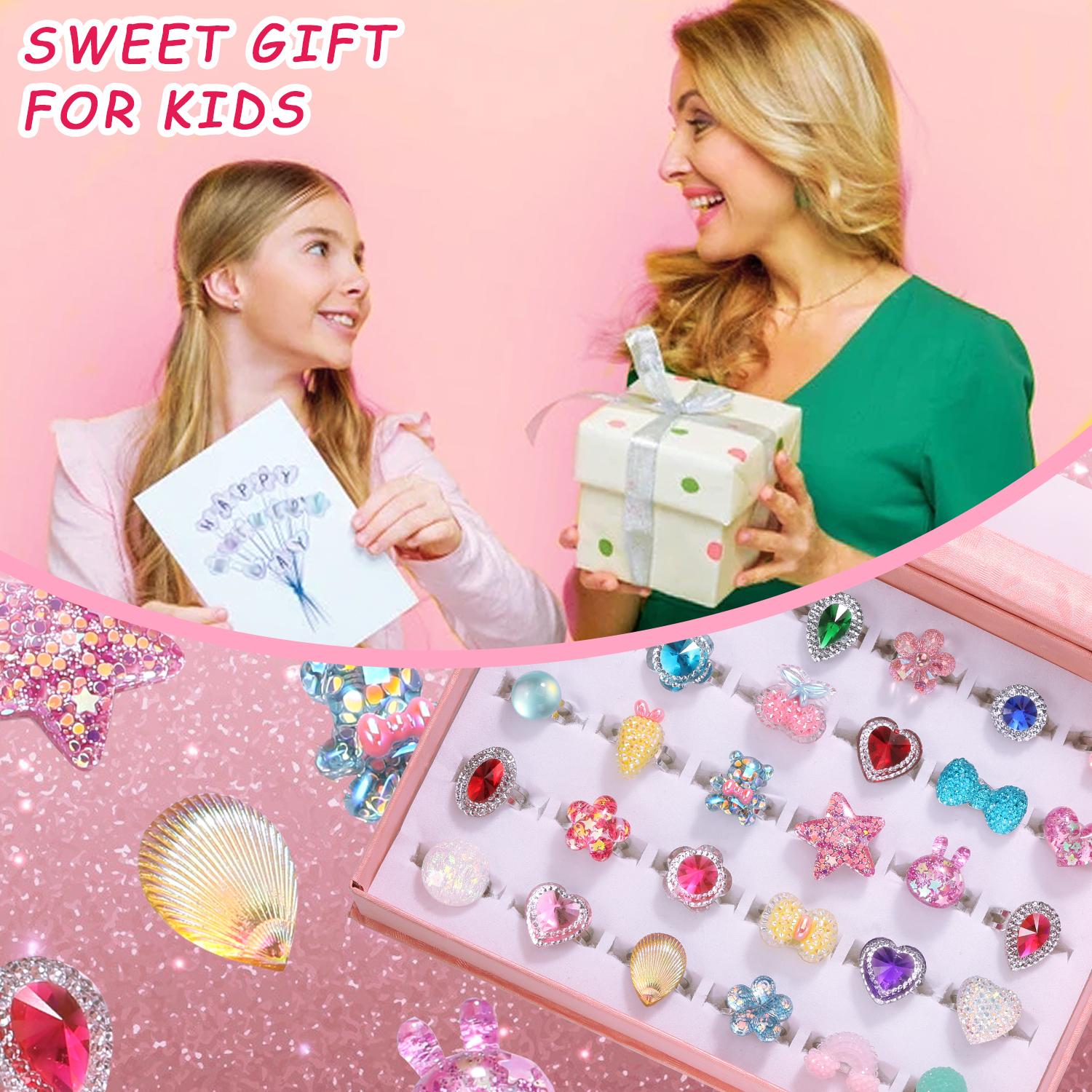 Kids Gifts Nicmore Adjustable Ring 24P Pink Sheet Cute Rings for Girls - Pink Theme, Nickel Free, Safe Materials, Suitable for Ages 3-8