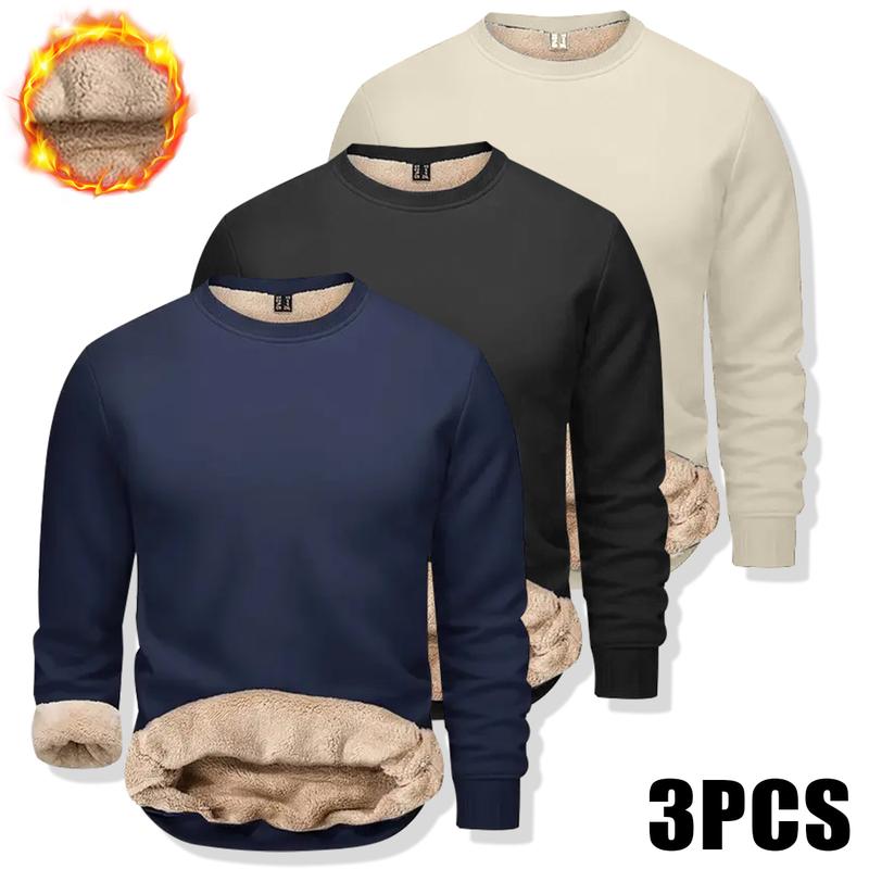 Pack of 3 men's solid color crew neck warm shirts, long-sleeve casual tops for autumn and winter, featuring a casual warm style with a windproof fabric made of faux fleece lining for everyday wear.