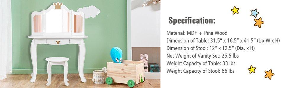 Costzon 2 in 1 Vanity Set for little Princess,  Pretend Beauty Dressing Play Toy Gift w/Tri-Folding Detachable Mirror Storage Drawer