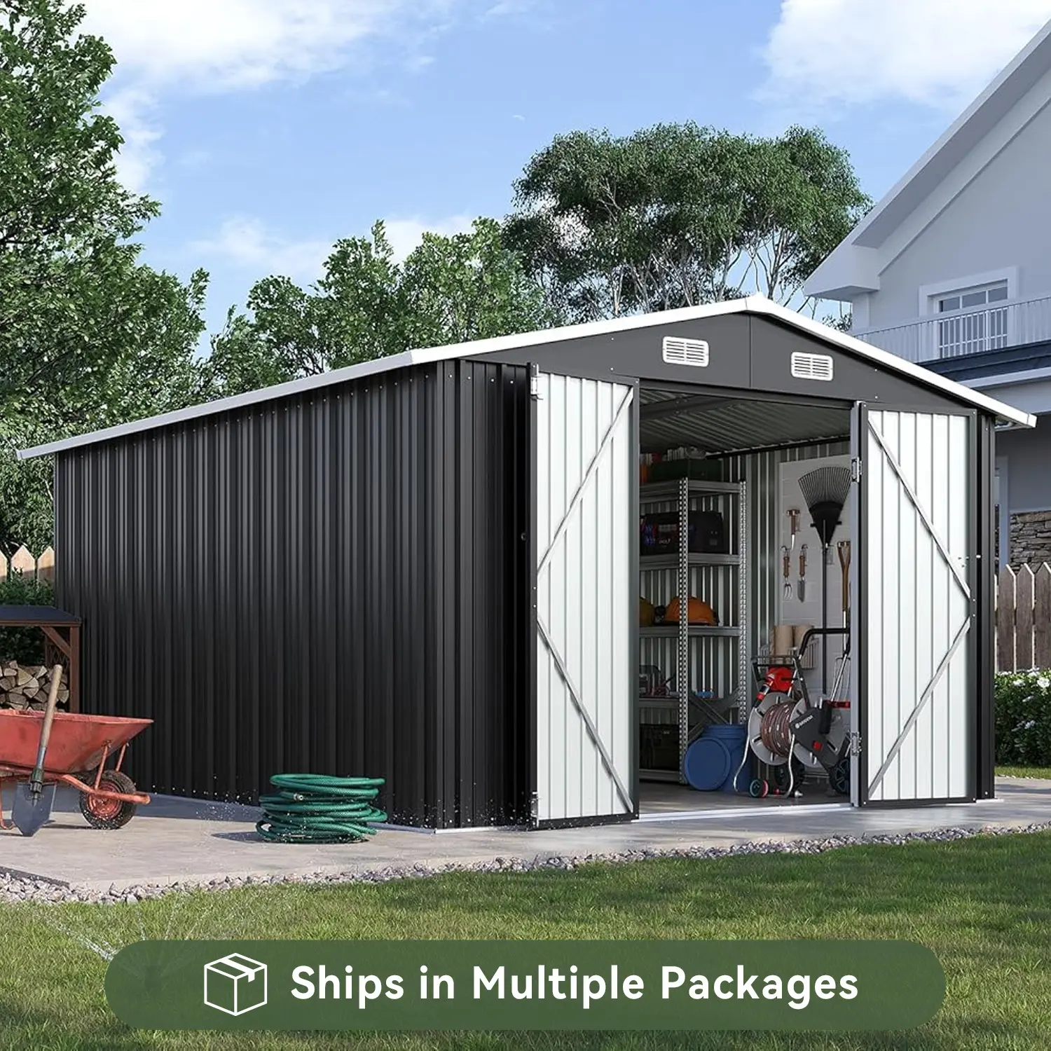 Aoxun 4x6FT/ 8x10FT /10x12FTOutdoor Storage Shed, Double Hinged Lockable Doors, Galvanized Steel Waterproof Heavy Duty Garden Shed for Backyard, Patio, Lawn, Durable Garden Shed, Heavy Duty Shed