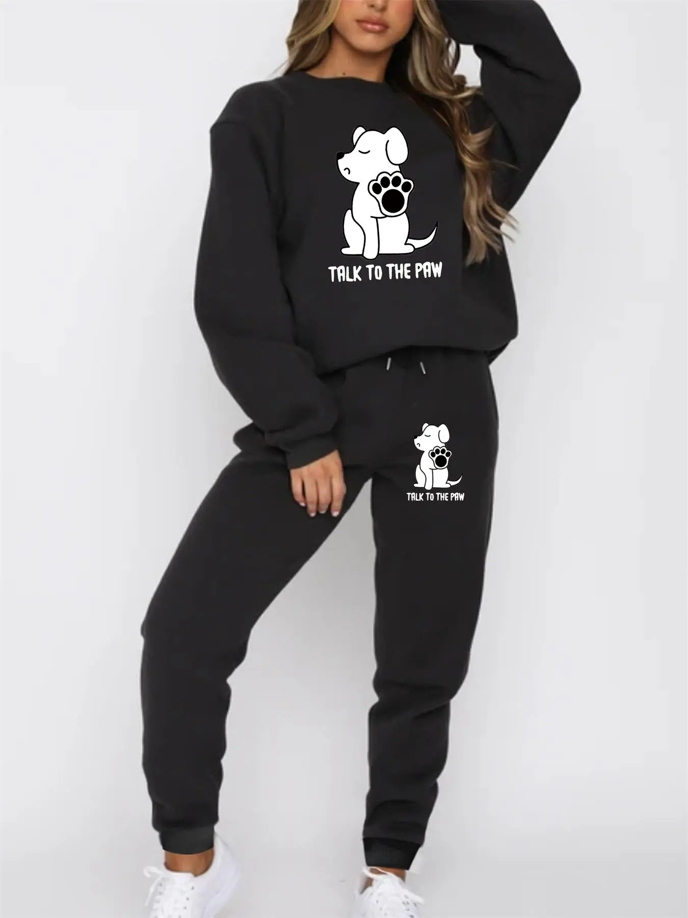 【Plus Size】 Two-Piece Set Cartoon Dog Print Sweatshirt & Sweatpants Set, Casual Round Neck Long Sleeve Pullover & Jogger Pants, Women's Two-piece Outfits for Daily Wear