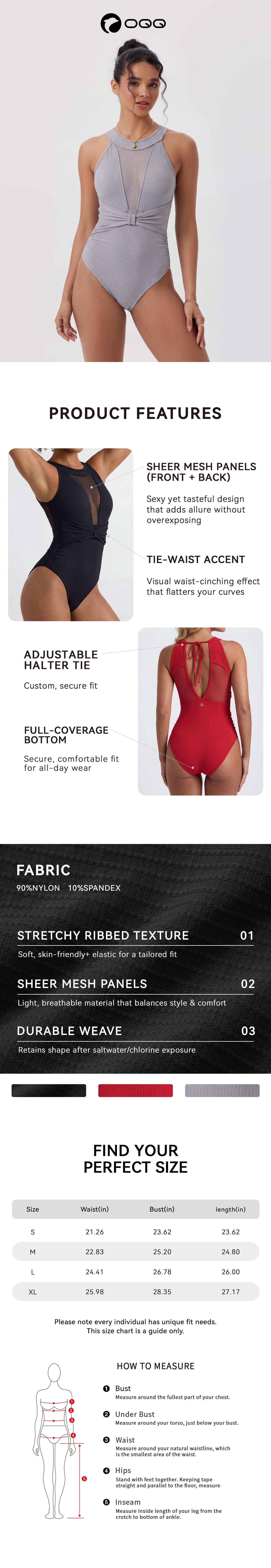 OQQ-Nine cents Women's One Piece Swimsuit Halter Sheer Mesh Cutout Ribbed Knot-Front V Neck Bathing Suits