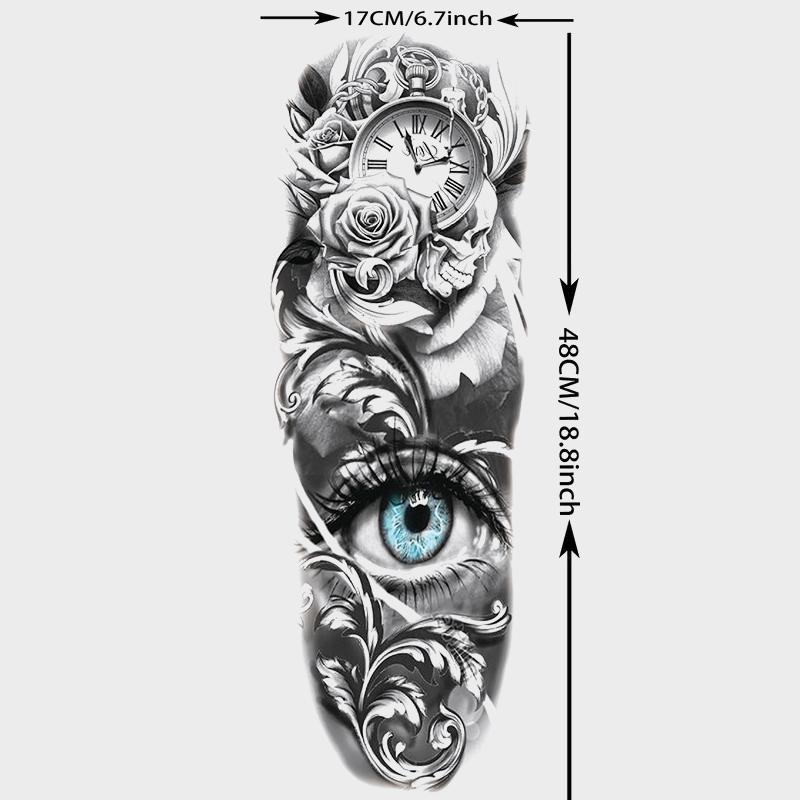 4 Sheets Full Arm Temporary Tattoo Stickers, Waterproof Floral Clock Rose Gothic Skull Tattoo Body Art Tattoos, Realistic Long-Lasting Fake Tattoos for Men Women